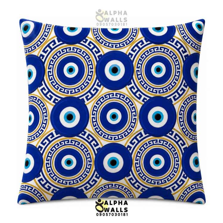 روکش کوسن مخمل طرح چشم نظر و ورساچه آبی طلایی مدل Greek Evil Eye