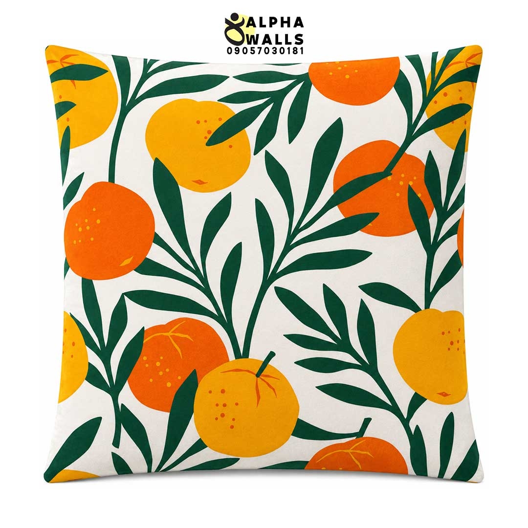 روکش کوسن مخمل طرح پرتقال و برگ سبز مدل Citrus Garden