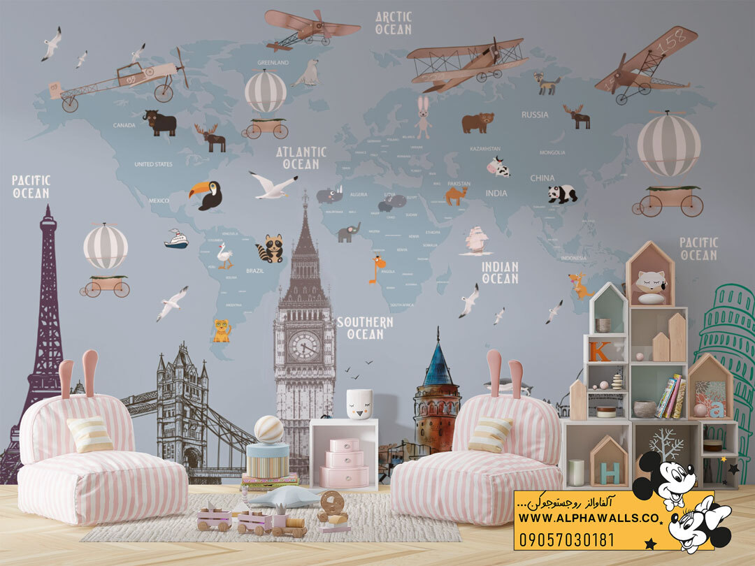 پوستر دیواری کودک طرح نقشه جهان کارتونی زمینه آبی