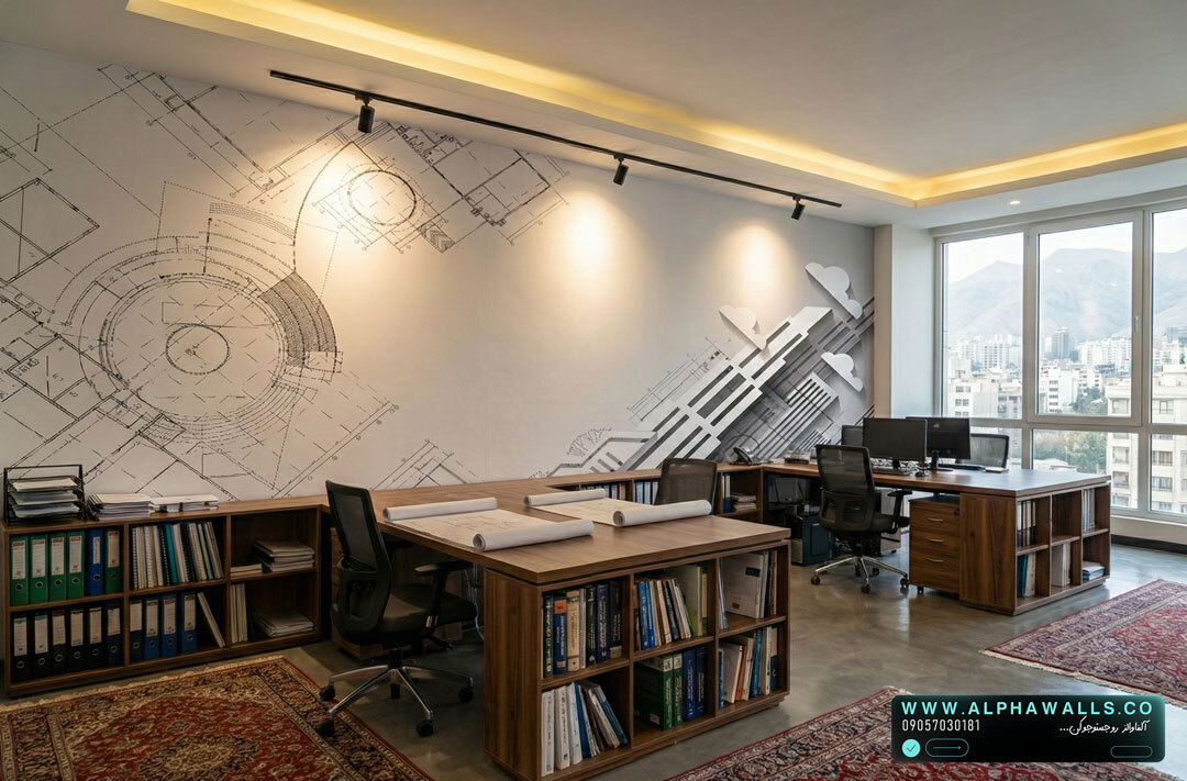  پوستر دیواری دفتر مهندسی با طرح نقشه فنی و فرم‌های معماری مینیمال 