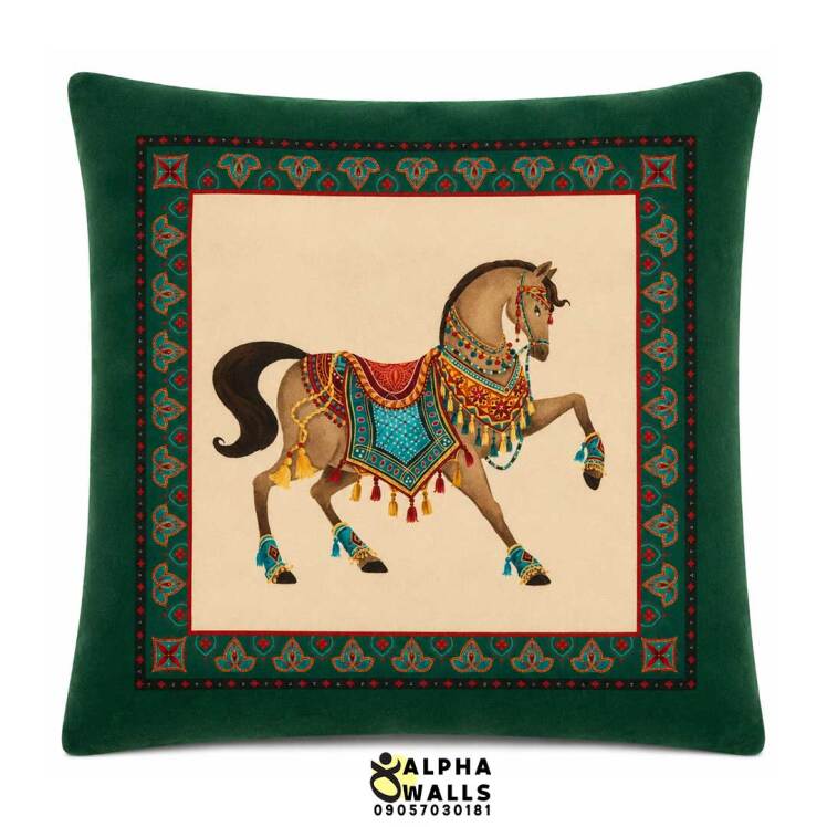 روکش کوسن مخمل سبز طرح اسب کلاسیک مدل Royal Horse Green