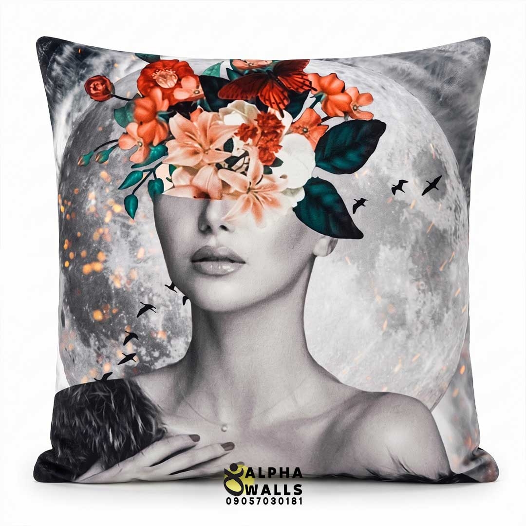 روکش کوسن مخمل طرح سورئال و فانتزی پرتره زن مدل Surreal Floral Portrait