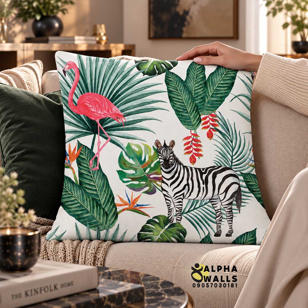  روکش کوسن مخمل طرح گورخر و فلامینگو | Zebra & Flamingo 