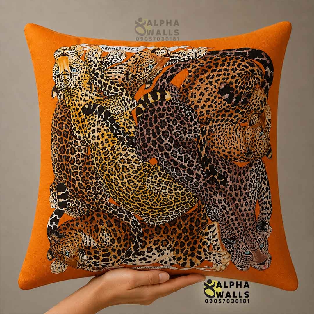  کاور کوسن مخمل طرح پلنگ Leopard Jungle | روکش کوسن نارنجی حیوانات لوکس 