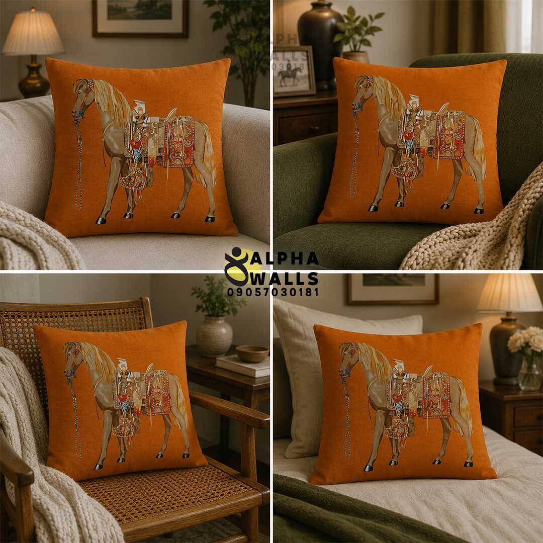  روکش کوسن مخمل نارنجی طرح اسب سلطنتی مدل Royal Horse Orange 