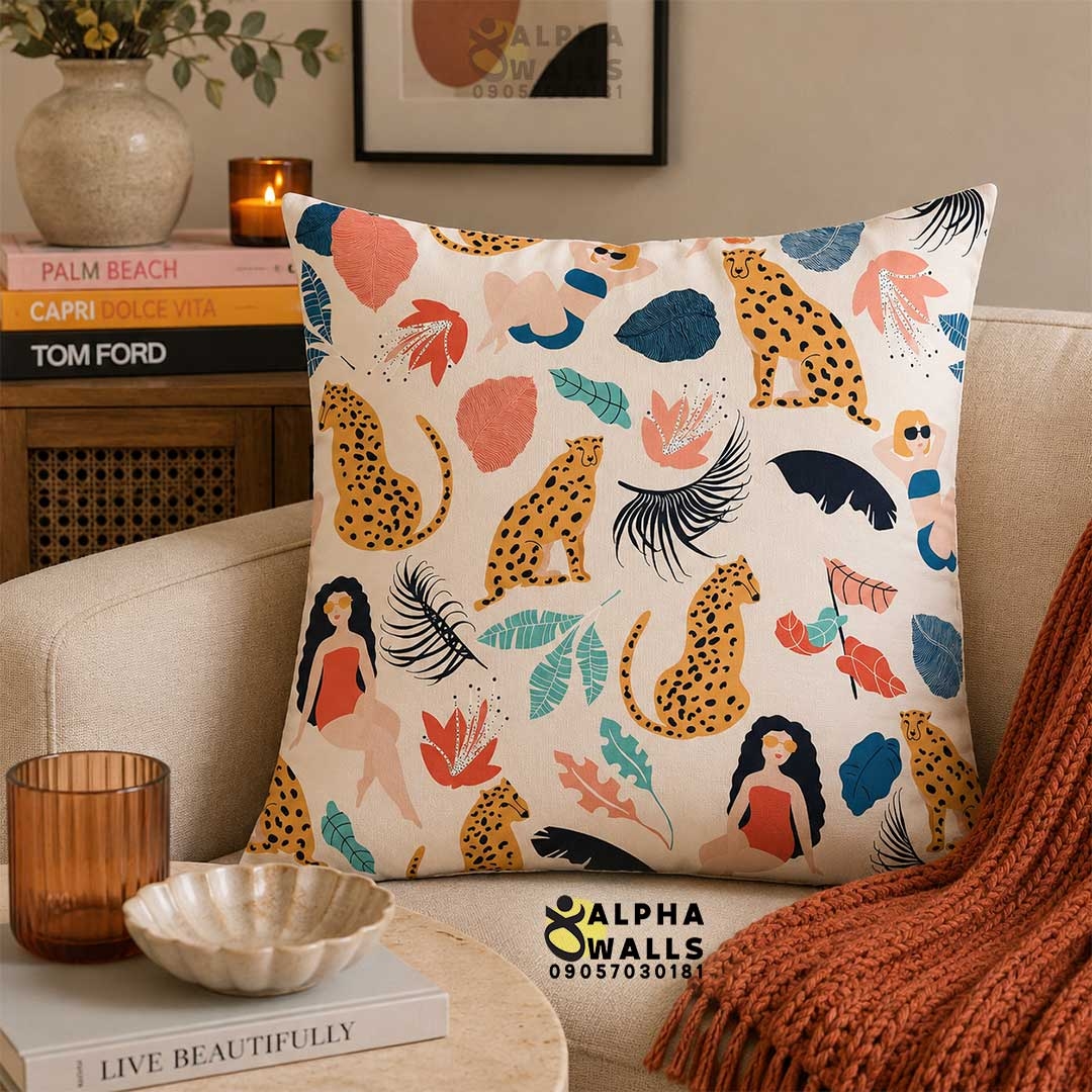  روکش کوسن مخمل طرح پلنگ و دختران استوایی مدل Tropical Leopard 