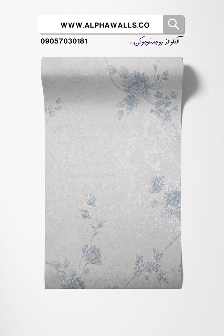 کاغذ دیواری سفید با گل نقره ای آبی
