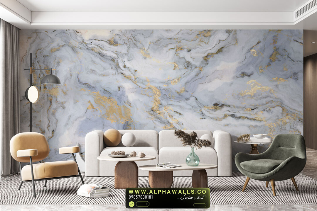  پوستر دیواری طرح ماربل طوسی آبی با رگه‌های طلایی 