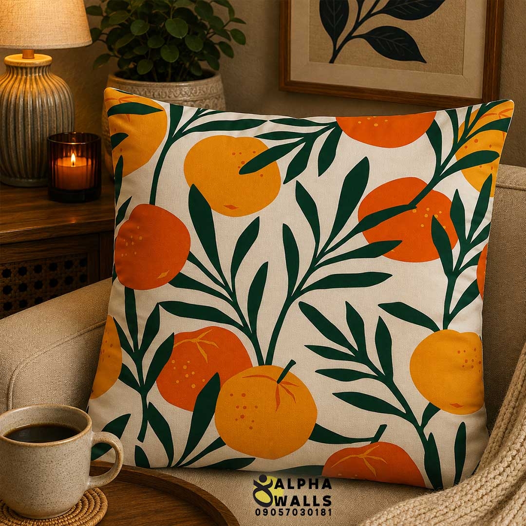 روکش کوسن مخمل طرح پرتقال و برگ سبز مدل Citrus Garden