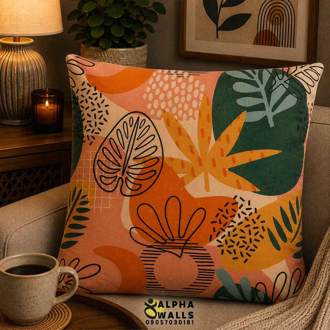 روکش کوسن مخمل طرح برگ استوایی نارنجی و سبز مدل Tropical Abstract