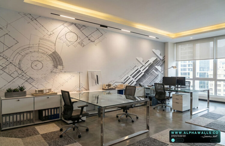 پوستر دیواری دفتر مهندسی با طرح نقشه فنی و فرم‌های معماری مینیمال