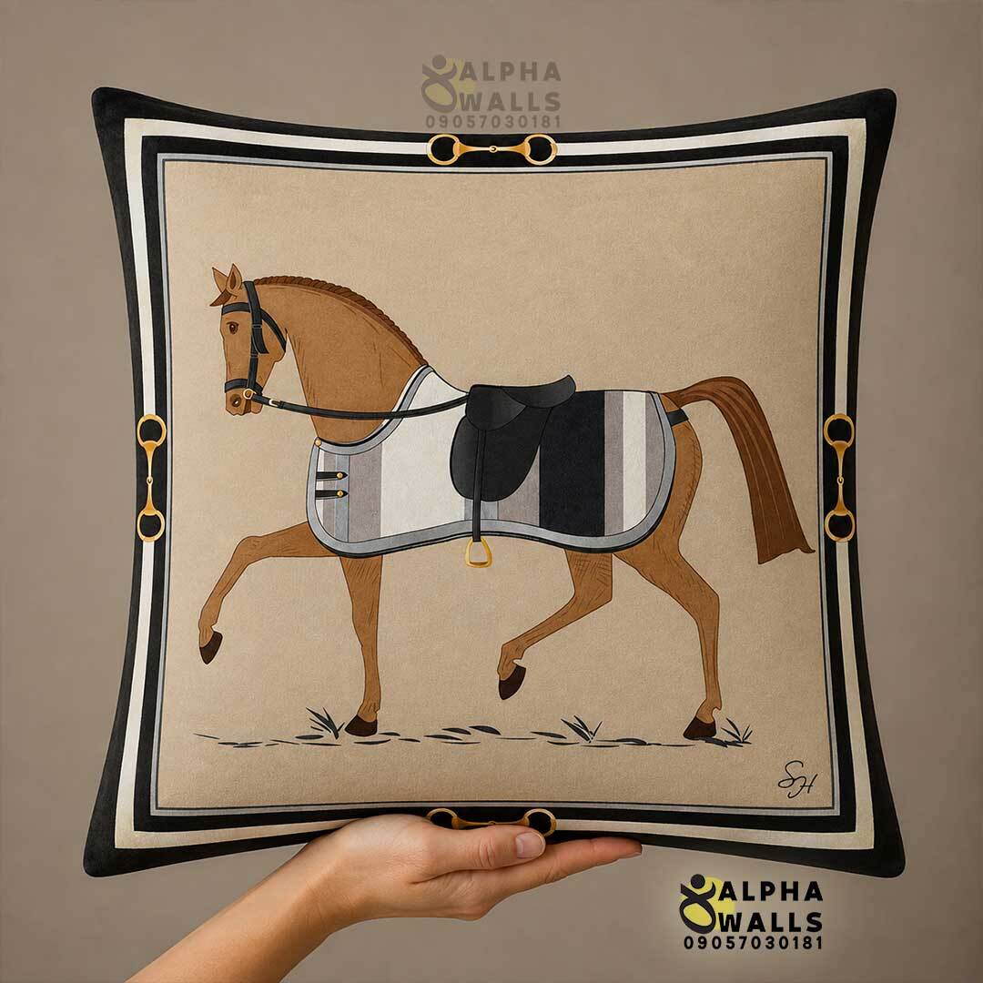  کاور کوسن مخمل طرح اسب کلاسیک Classic Equestrian | روکش کوسن کرم مشکی لوکس 