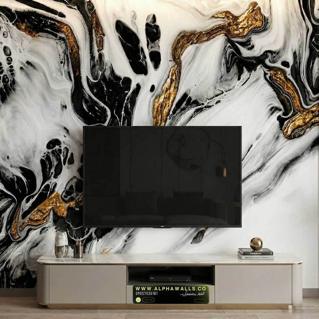  پوستر دیواری طرح سنگ اونیکس مشکی-سفید با رگه‌های طلایی عمیق 