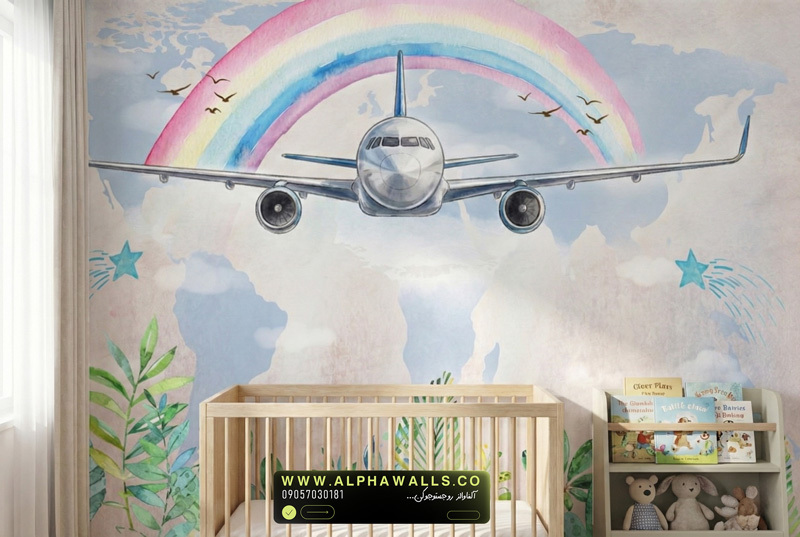 پوستر دیواری کودکانه طرح هواپیما و رنگینکمان