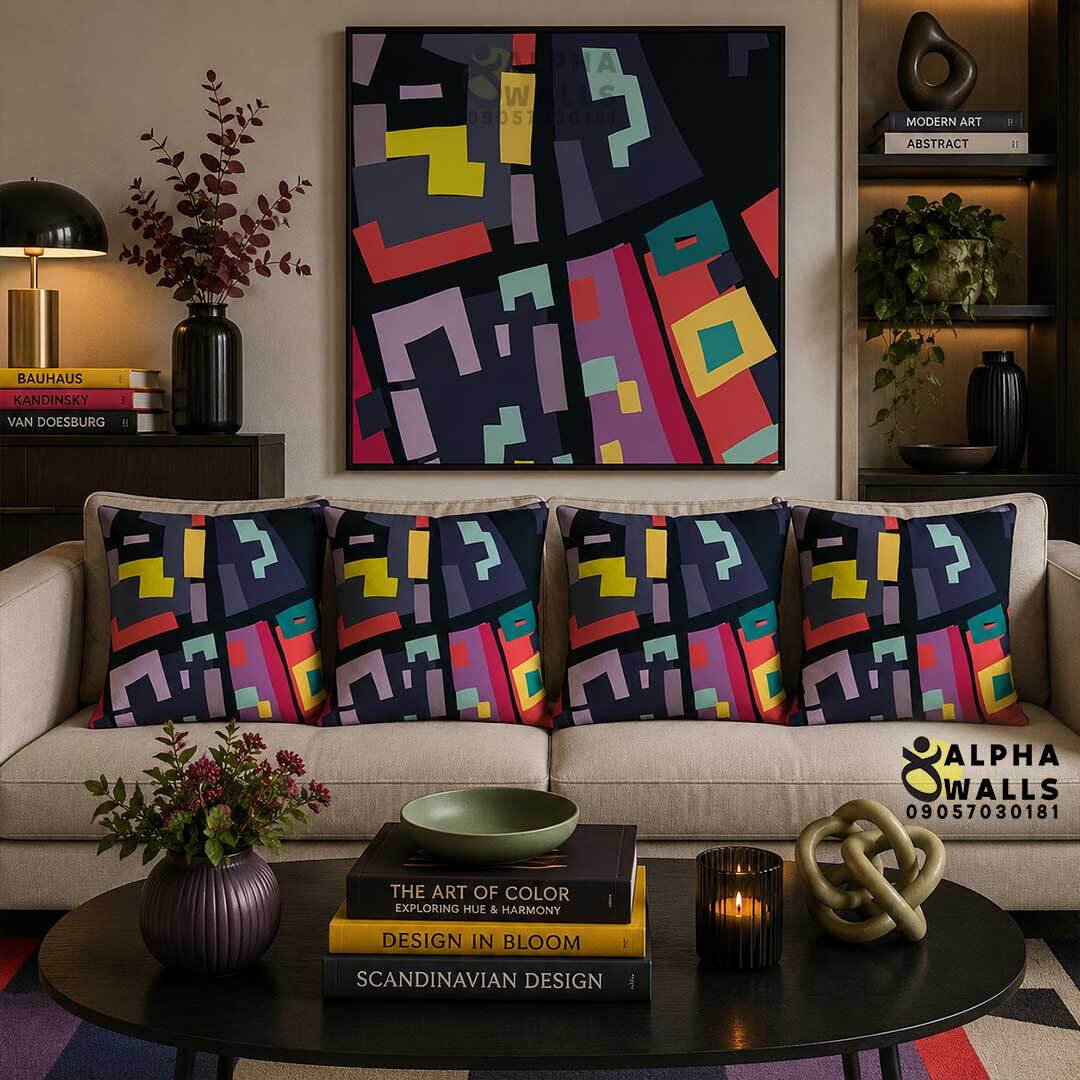 روکش کوسن مخمل طرح هندسی انتزاعی سرمهای رنگی مدل Midnight Bauhaus