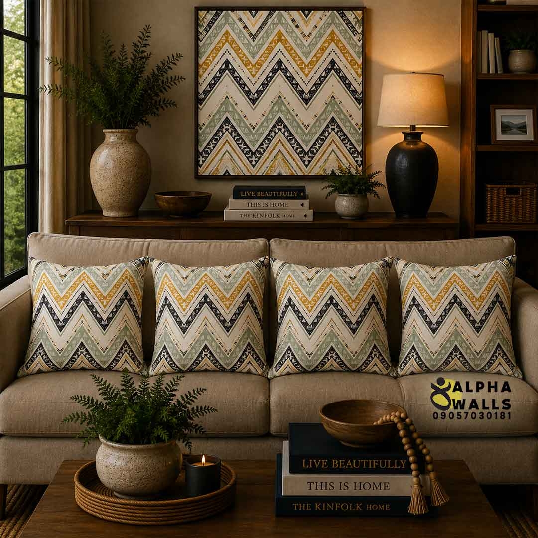 روکش کوسن مخمل طرح زیگزاگ هندسی کرم خردلی مدل Boho Chevron