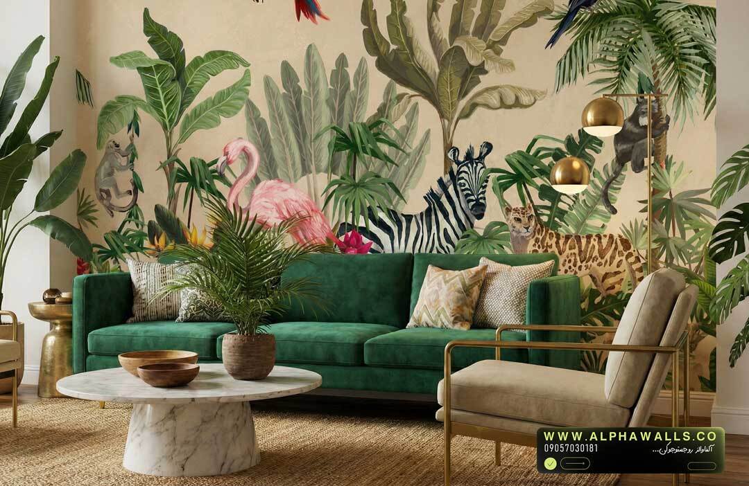  پوستر دیواری طرح جنگل استوایی کرم با حیوانات هنری 