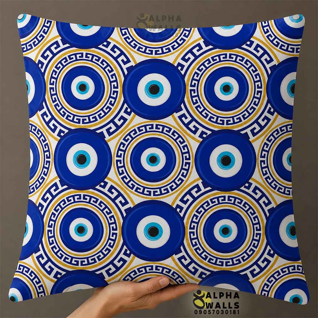  روکش کوسن مخمل طرح چشم نظر و ورساچه آبی طلایی مدل Greek Evil Eye 