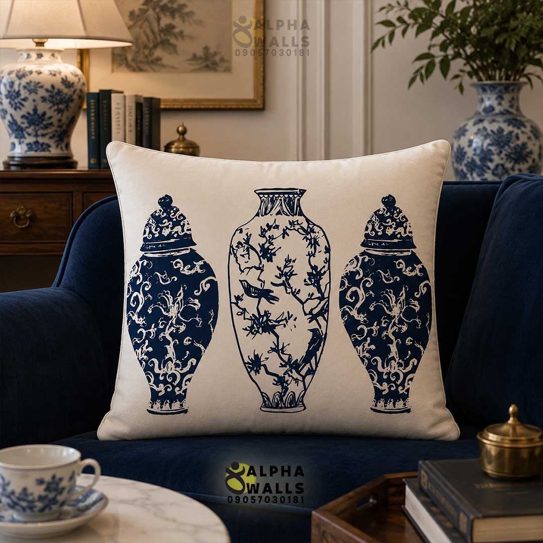روکش کوسن مخمل طرح گلدان چینی آبی سفید مدل Blue Porcelain