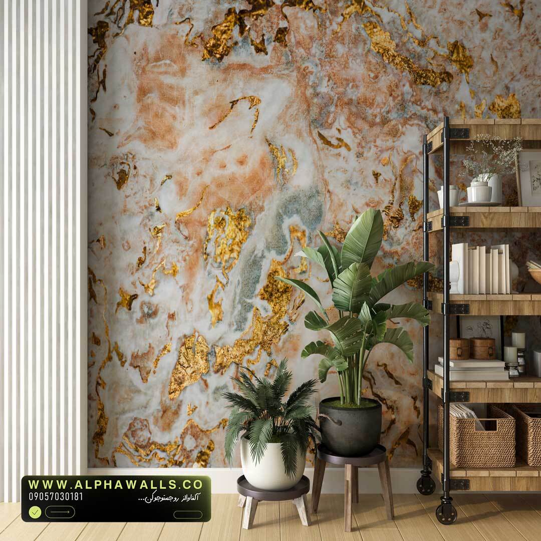  پوستر دیواری طرح سنگ اونیکس روشن با رگه‌های طلایی گرم – مناسب دیوار TV لوکس 