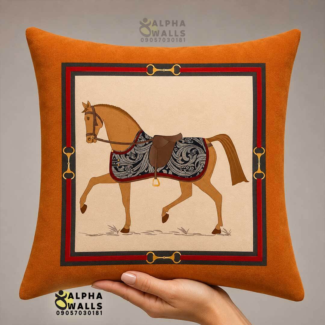 روکش کوسن مخمل نارنجی طرح اسب کلاسیک مدل Classic Horse Orange
