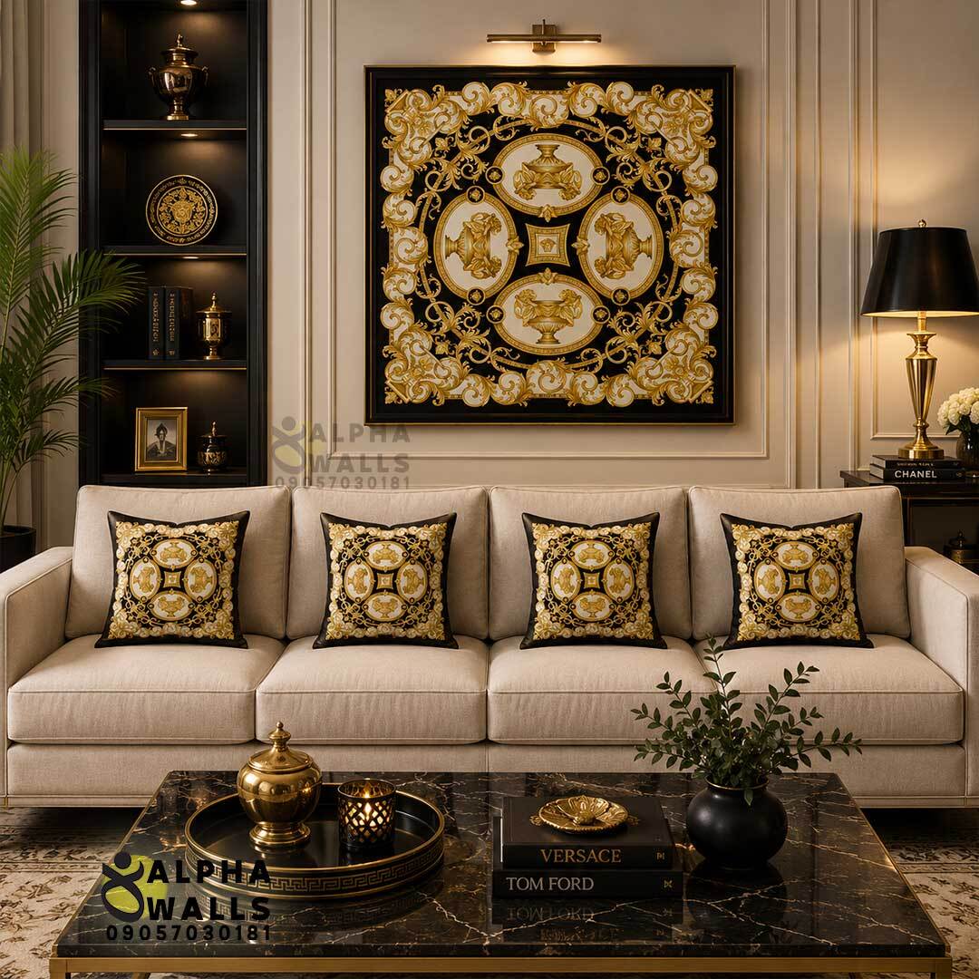 روکش کوسن مخمل طرح کلاسیک طلایی و مشکی مدل Royal Gold