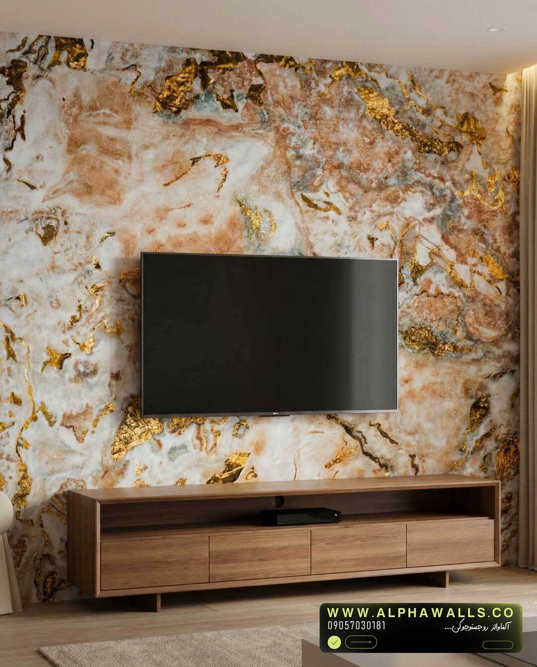  پوستر دیواری طرح سنگ اونیکس روشن با رگه‌های طلایی گرم – مناسب دیوار TV لوکس 