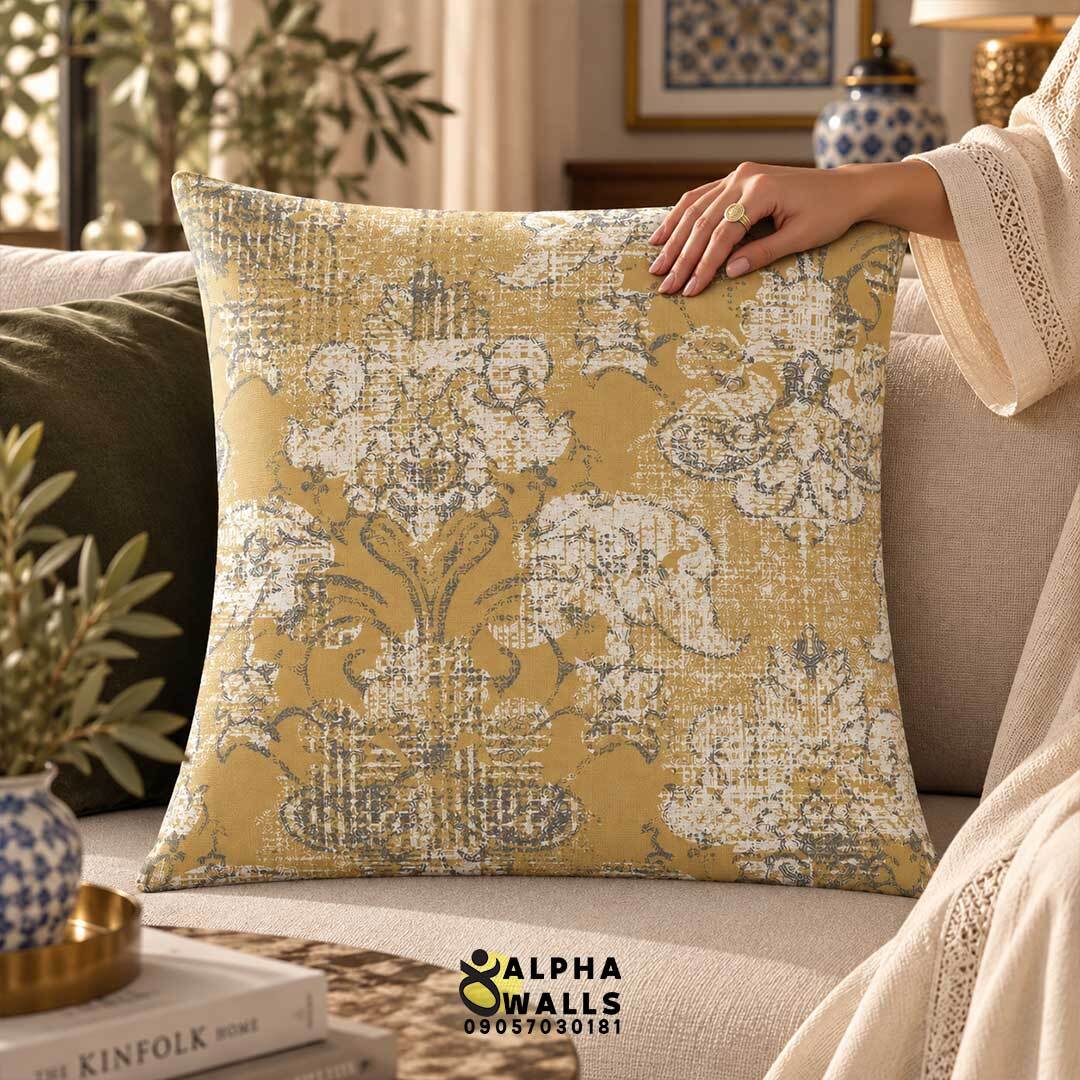 روکش کوسن مخمل طرح داماسک پتینه خردلی | Vintage Damask 
