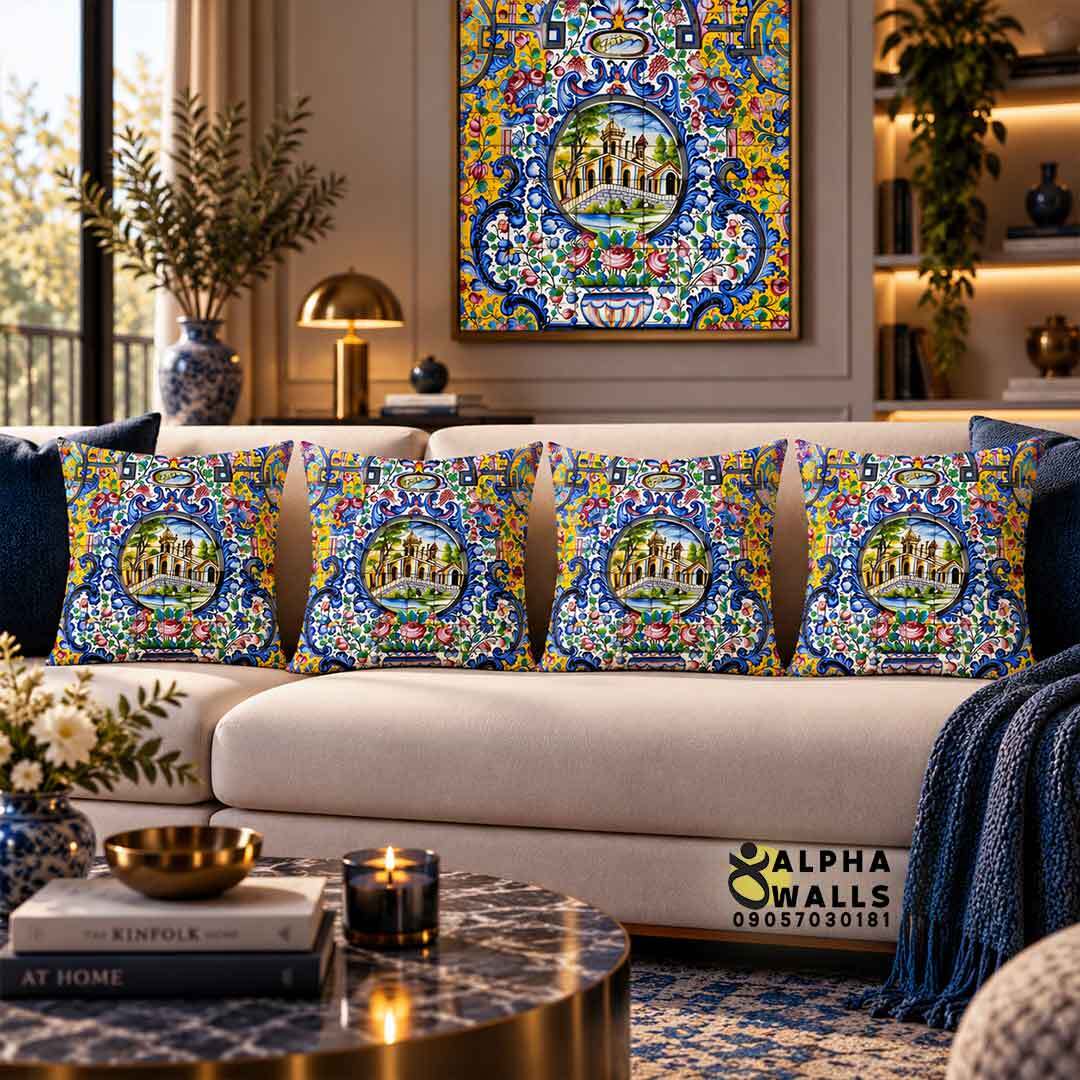  روکش کوسن مخمل طرح کاشی گل‌وبوته ایرانی | Persian Floral Tile 