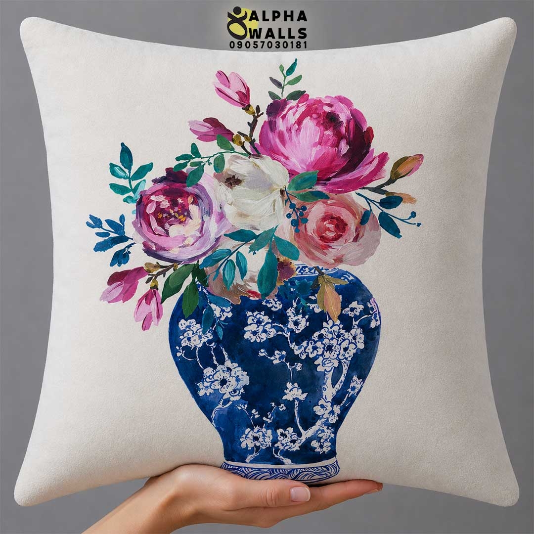 روکش کوسن مخمل طرح گلدان چینی آبی و گلهای صورتی مدل Royal Bloom