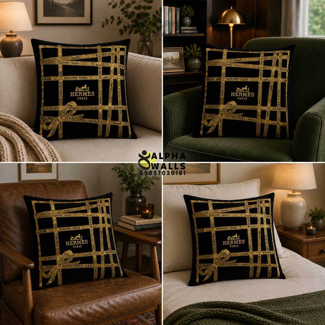  کاور کوسن مخمل مشکی طلایی طرح روبان Luxury Ribbon Paris | روکش کوسن مبل لوکس 