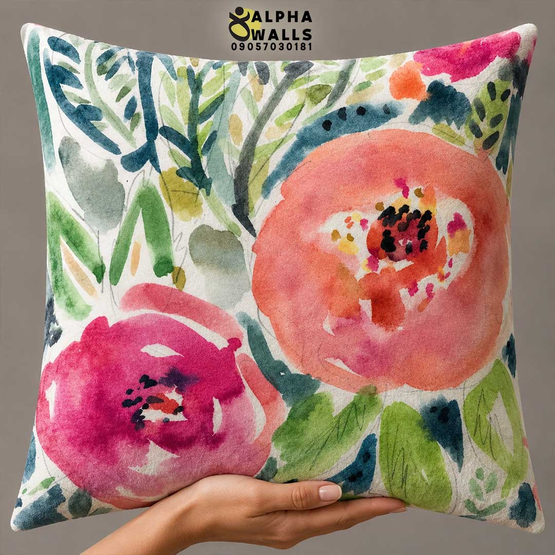 روکش کوسن مخمل طرح گل آبرنگی صورتی مدل Watercolor Bloom