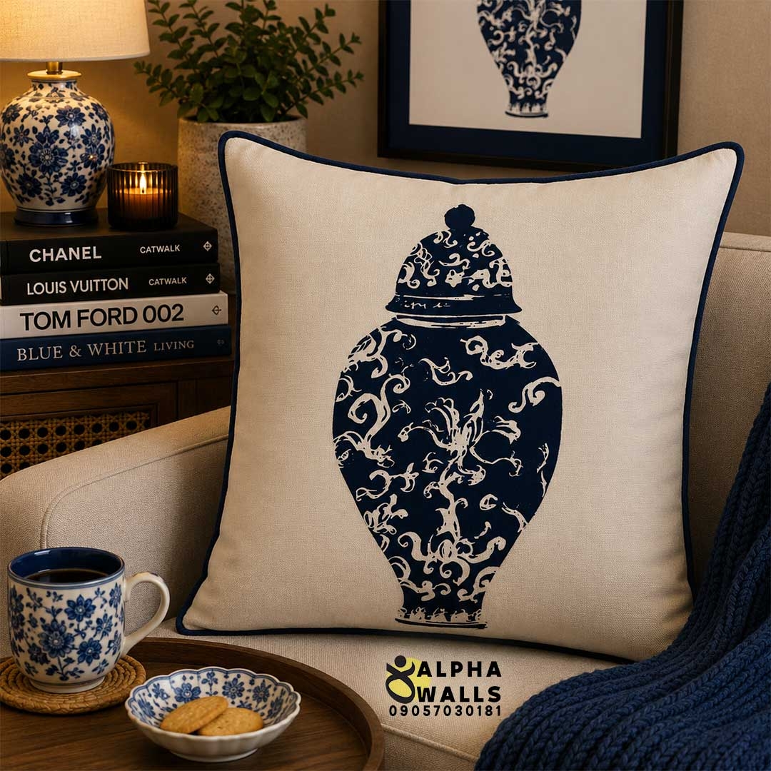 روکش کوسن مخمل طرح گلدان چینی سرمهای مدل Royal Porcelain