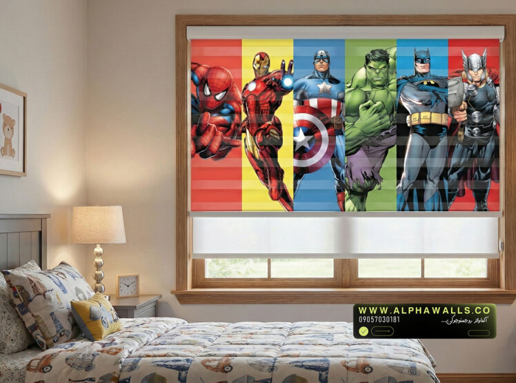 پرده زبرا اتاق کودک طرح قهرمانان فانتزی با رنگ‌بندی پرانرژی