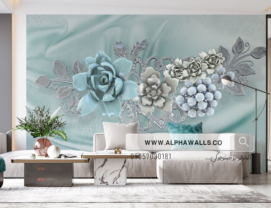  پوستر دیواری سه‌بعدی گل‌های فیروزه‌ای و نقره‌ای – طرح لوکس و مدرن 