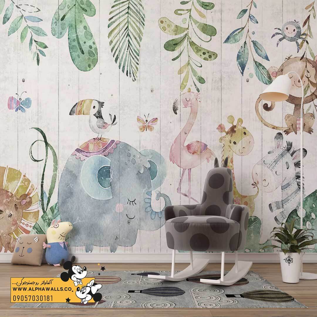  پوستر دیواری کودکانه طرح حیوانات جنگلی آبرنگی فیل و زرافه 