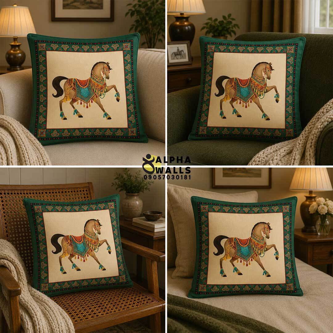 روکش کوسن مخمل سبز طرح اسب کلاسیک مدل Royal Horse Green