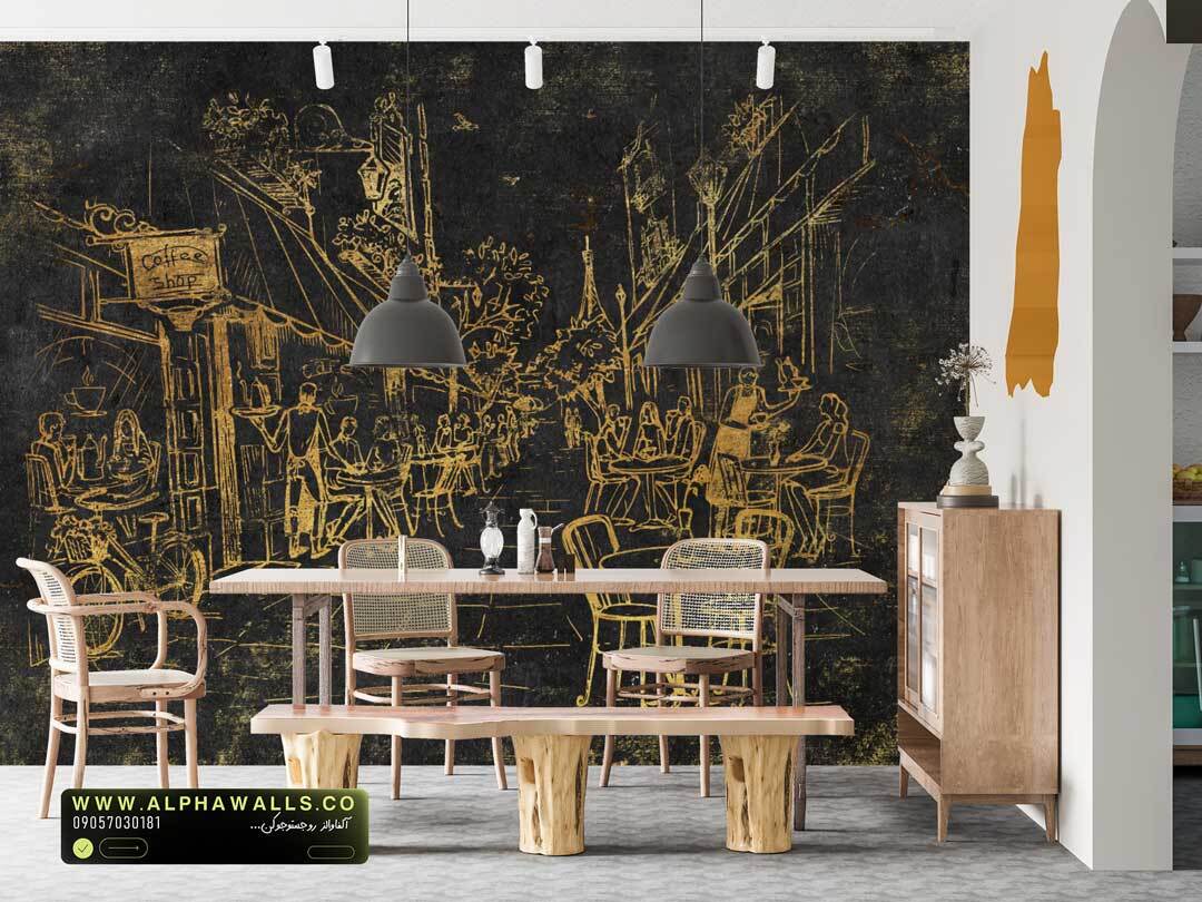  پوستر دیواری کافه و رستوران طرح اسکچ شهری با زمینه تیره 