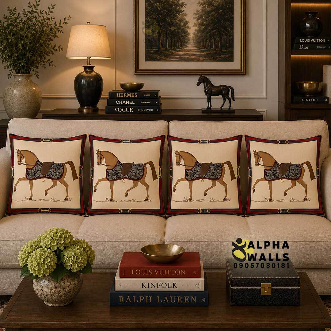 روکش کوسن مخمل کرم طرح اسب کلاسیک مدل Elegant Horse Beige