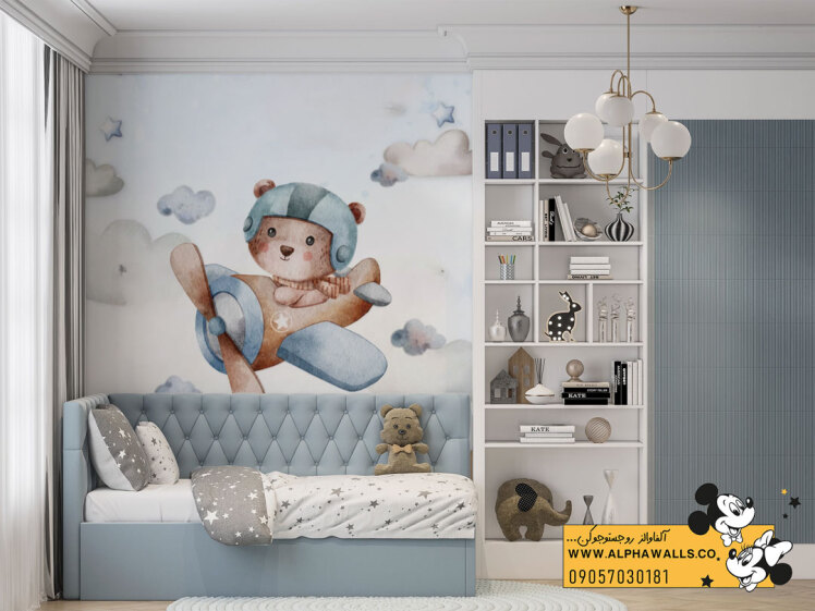 پوستر دیواری کودکانه طرح خرس خلبان آبرنگی