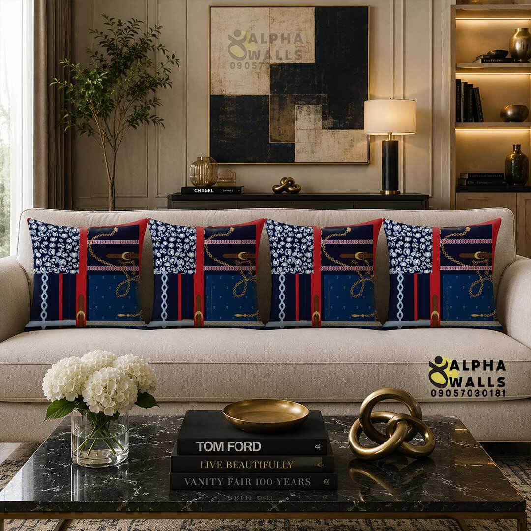 کاور کوسن مخمل طرح زنجیر و پلنگی Navy Chain | روکش کوسن سرمهای لوکس