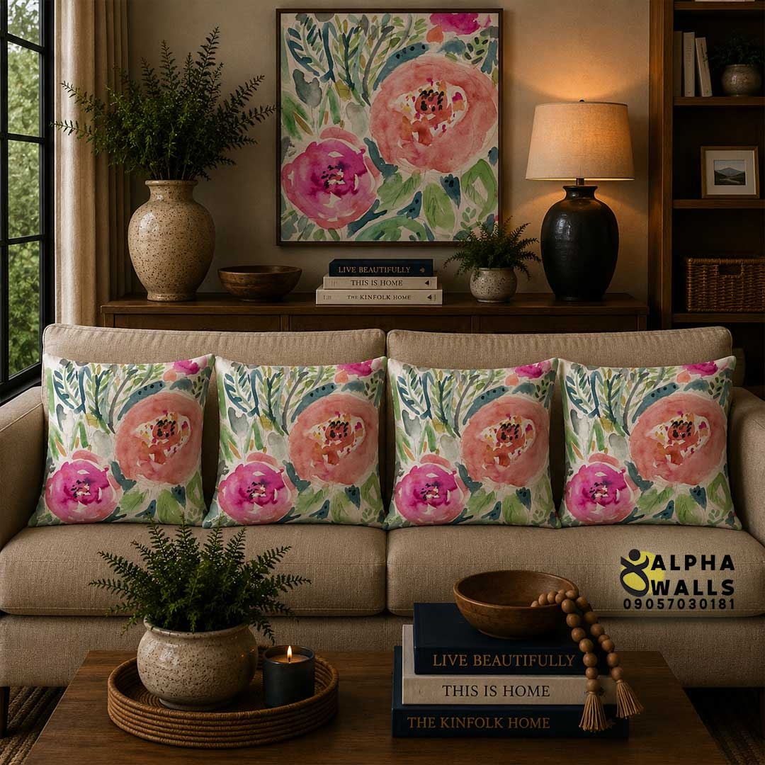 روکش کوسن مخمل طرح گل آبرنگی صورتی مدل Watercolor Bloom