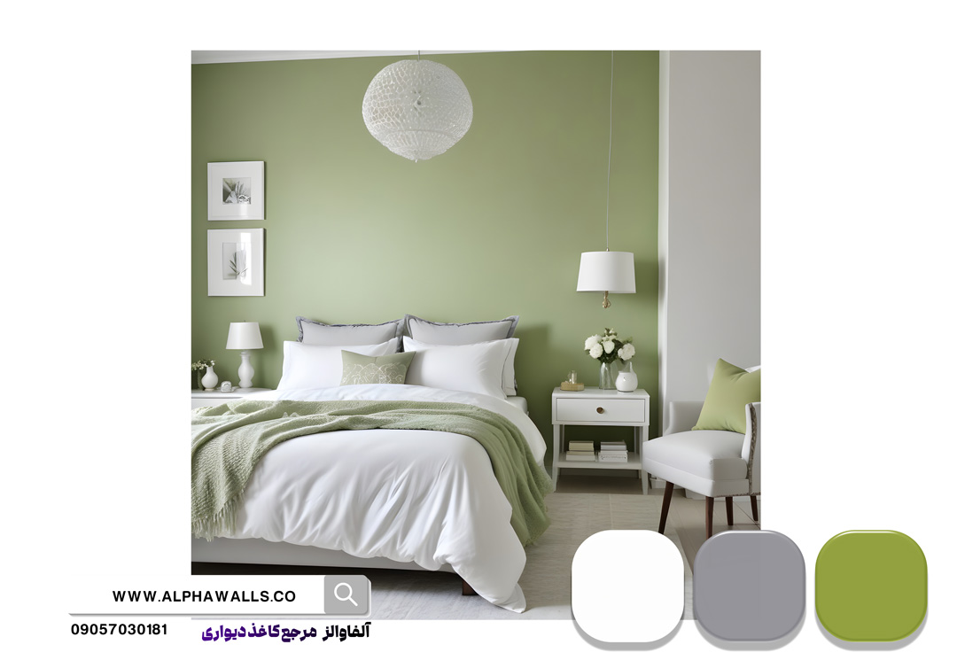 اتاق خواب رنگ سبز پسته ای و سفید و طوسی