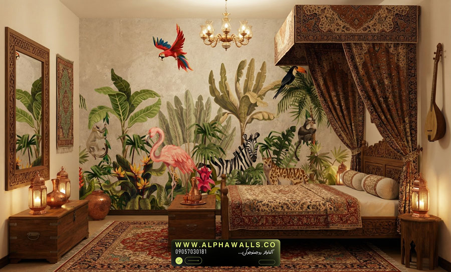  پوستر دیواری طرح جنگل استوایی با پرندگان روی زمینه طوسی روشن 