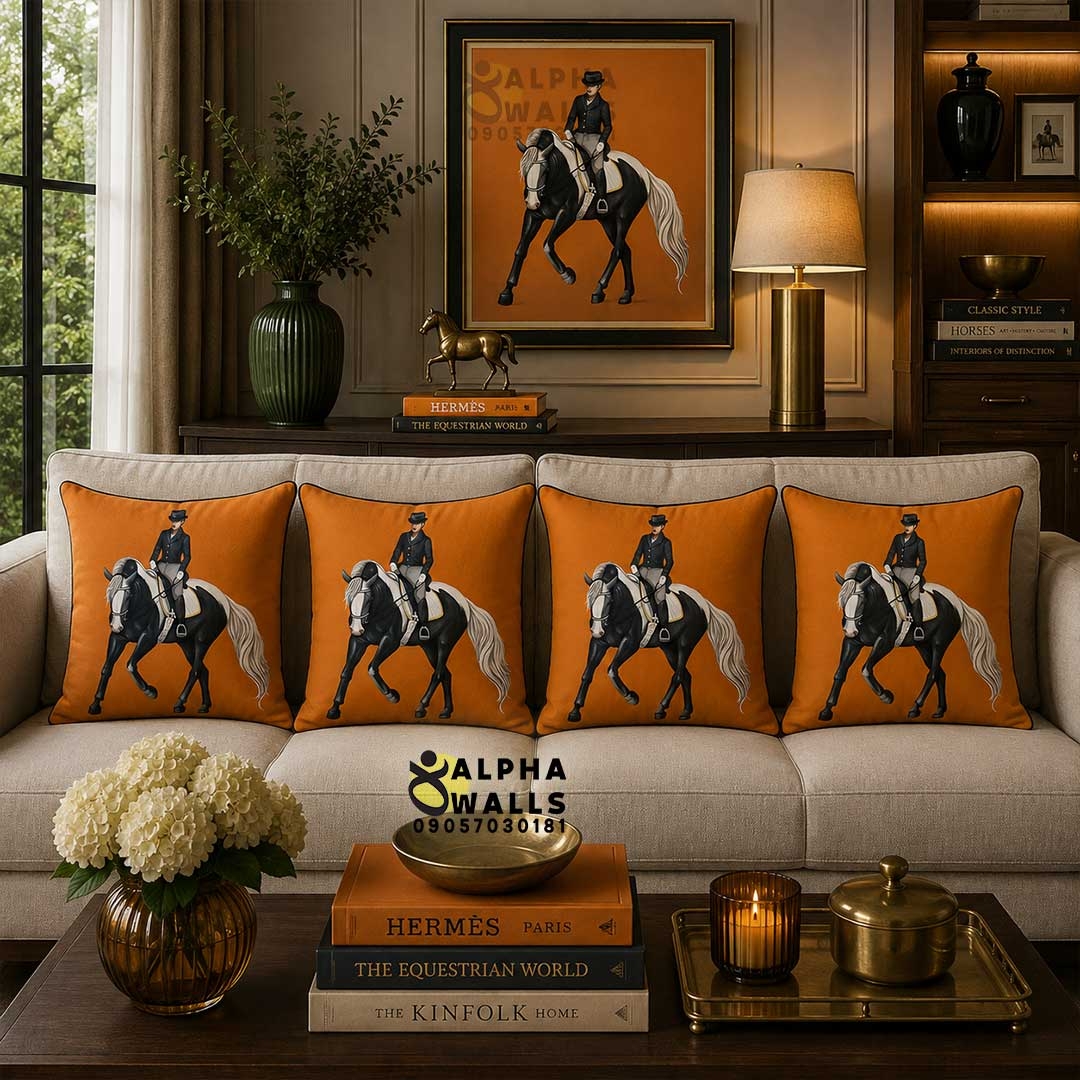  کاور کوسن مخمل نارنجی طرح اسب و سوارکار Equestrian Rider | روکش کوسن مبل سوارکاری لوکس 