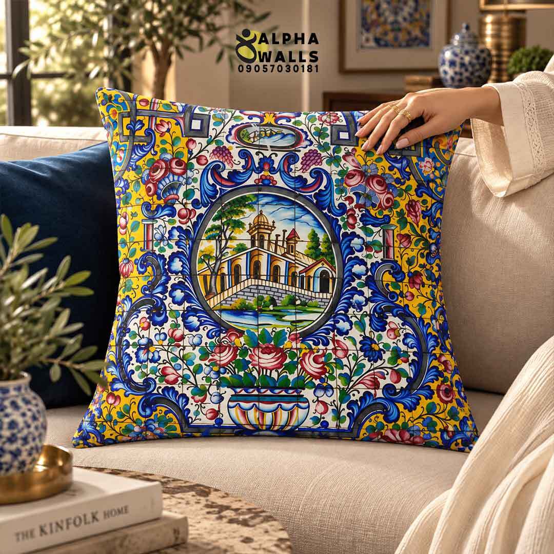  روکش کوسن مخمل طرح کاشی گل‌وبوته ایرانی | Persian Floral Tile 