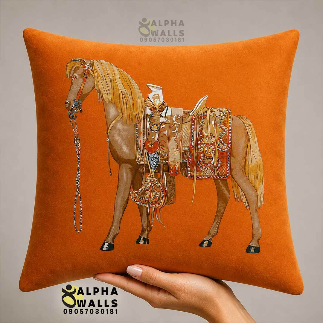  روکش کوسن مخمل نارنجی طرح اسب سلطنتی مدل Royal Horse Orange 
