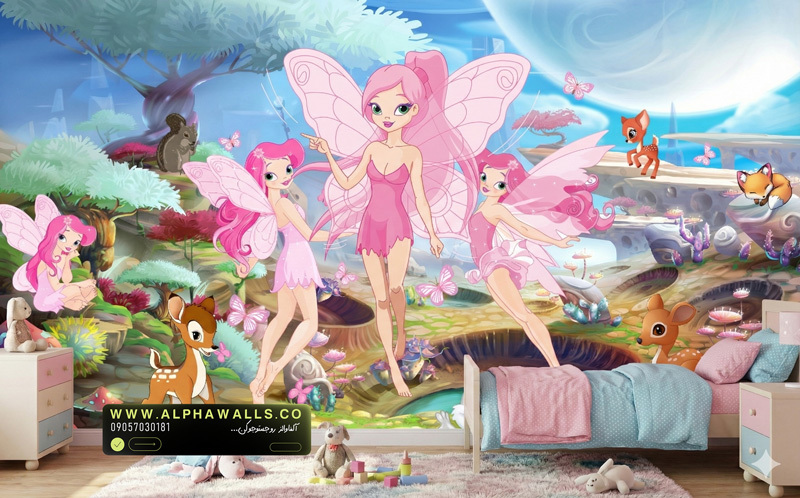 پوستر دیواری کودکانه طرح پریهای صورتی و دنیای فانتزی
