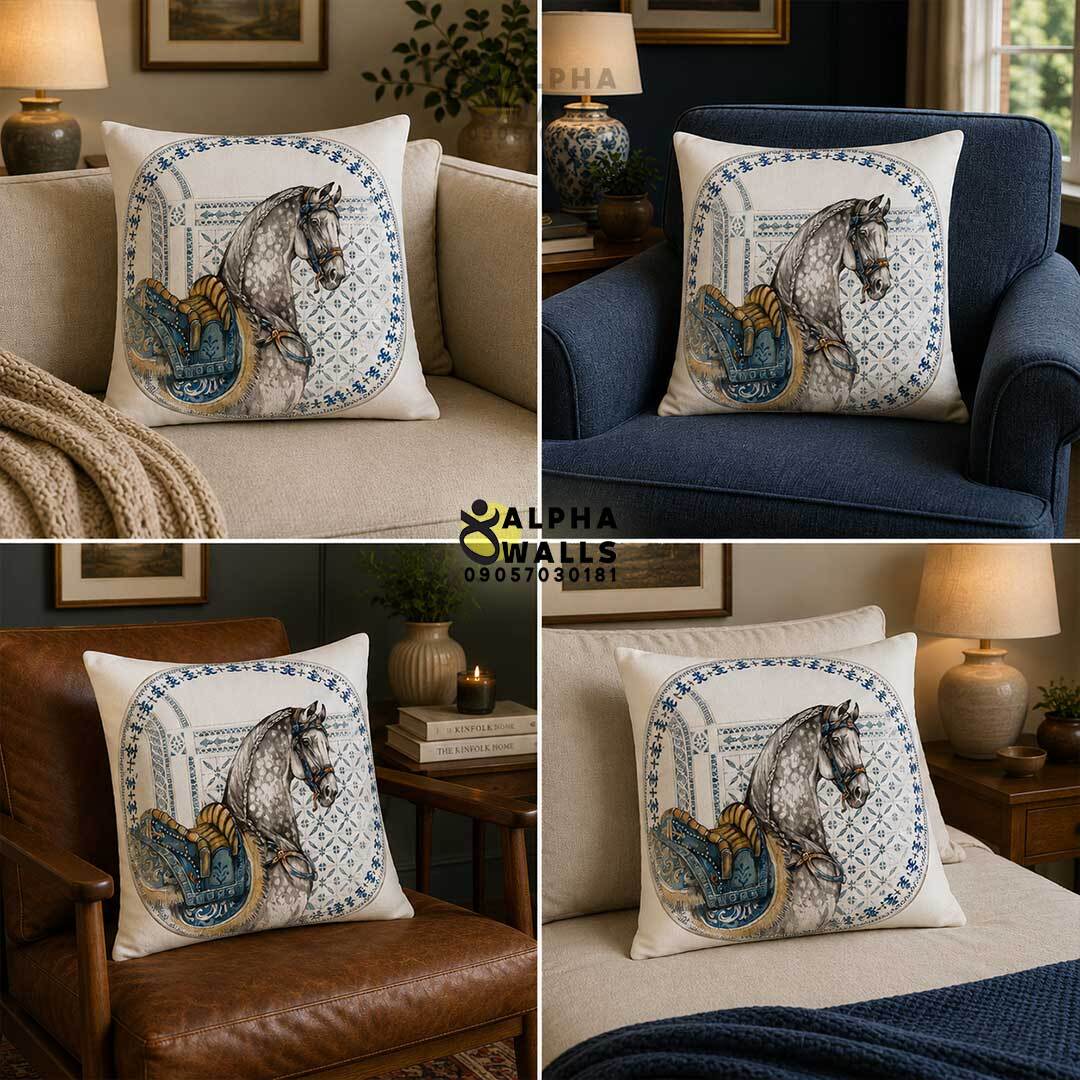  کاور کوسن مخمل طرح اسب سفید و زین آبی Royal Arabian Horse | روکش کوسن کرم کلاسیک 