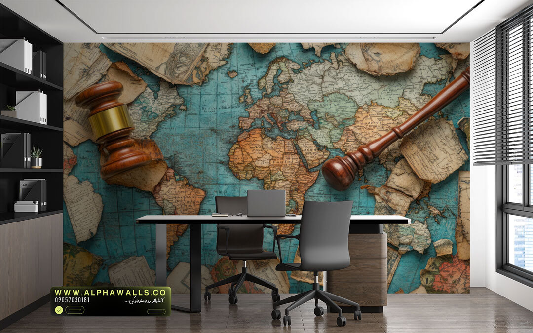 پوستر دیواری طرح نقشه جهان و چکش قضاوت